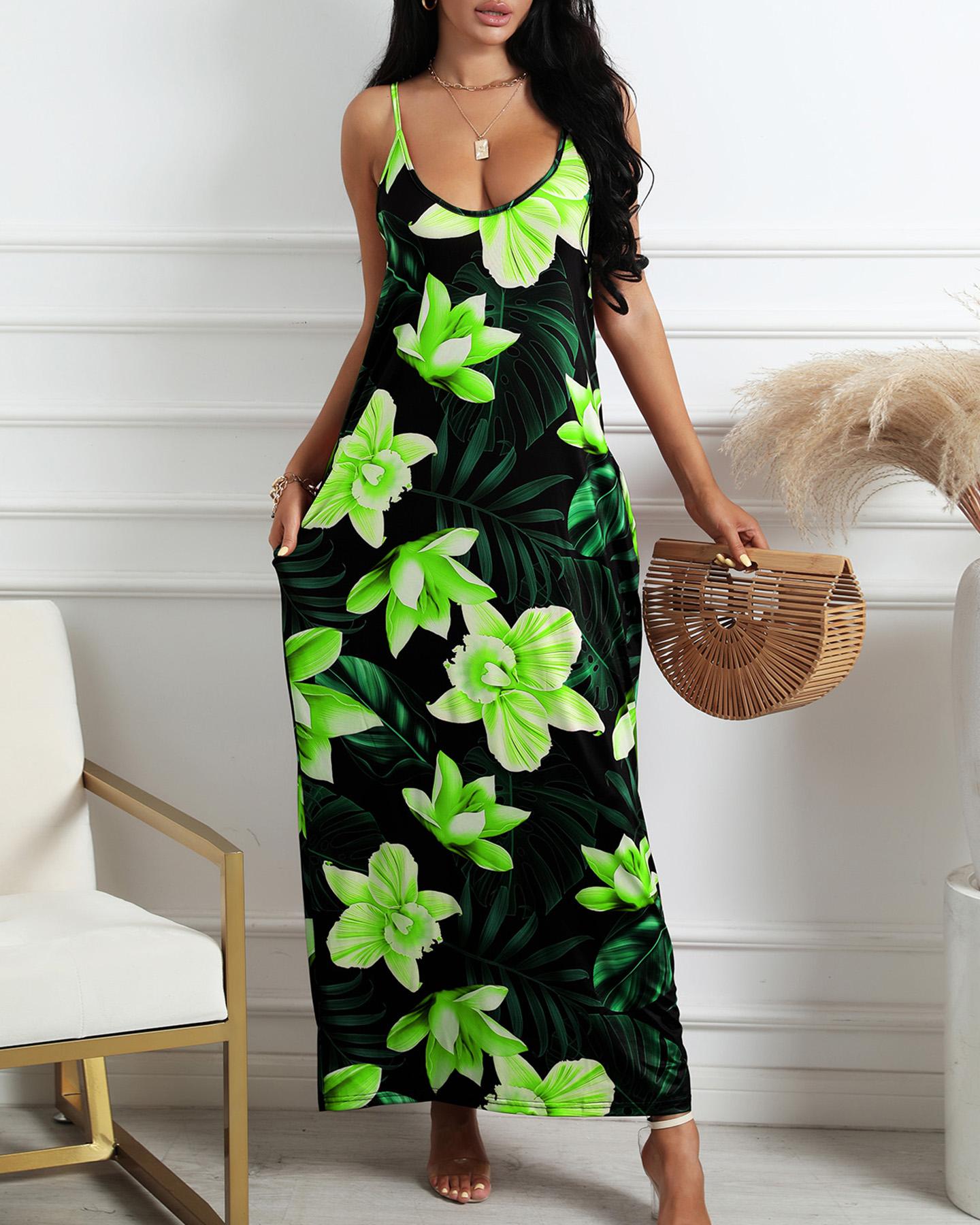 

Floral Leaf Print Spaghetti Strap Maxi Dress, Green