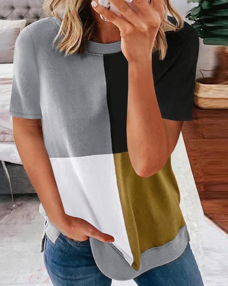

Casual Color Block Short Sleeve T-shirt, Brown