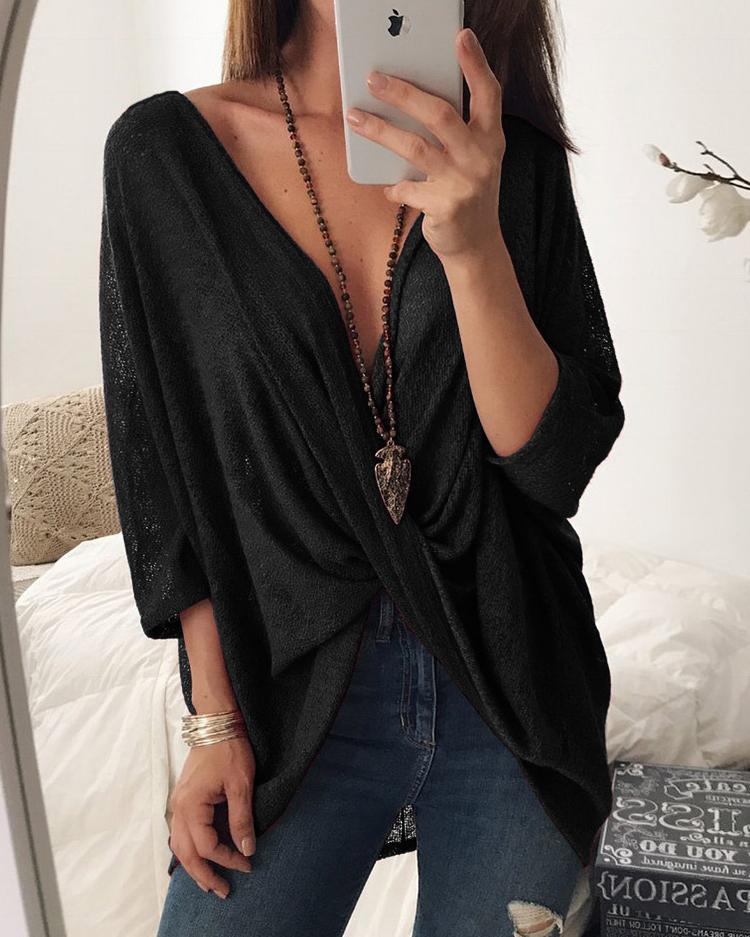 

Twisted V Neck Batwing Sleeve Blouse, Black