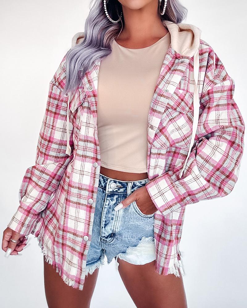 

Colorblock Plaid Print Raw Hem Buttoned Jacket, Pink