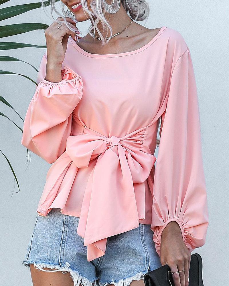 

Round Neck Bow Tie Blouse, Pink