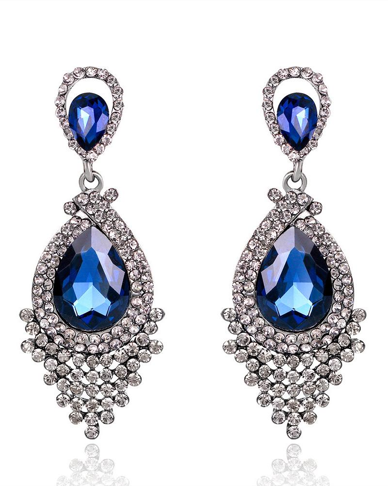 

1Pairs Rhinestone Decor Waterdrop Shaped Bridal Wedding Drop Earrings, Blue