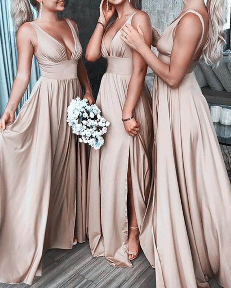 

Satin Plunge Backless High Slit Bridesmaid Dress, Apricot