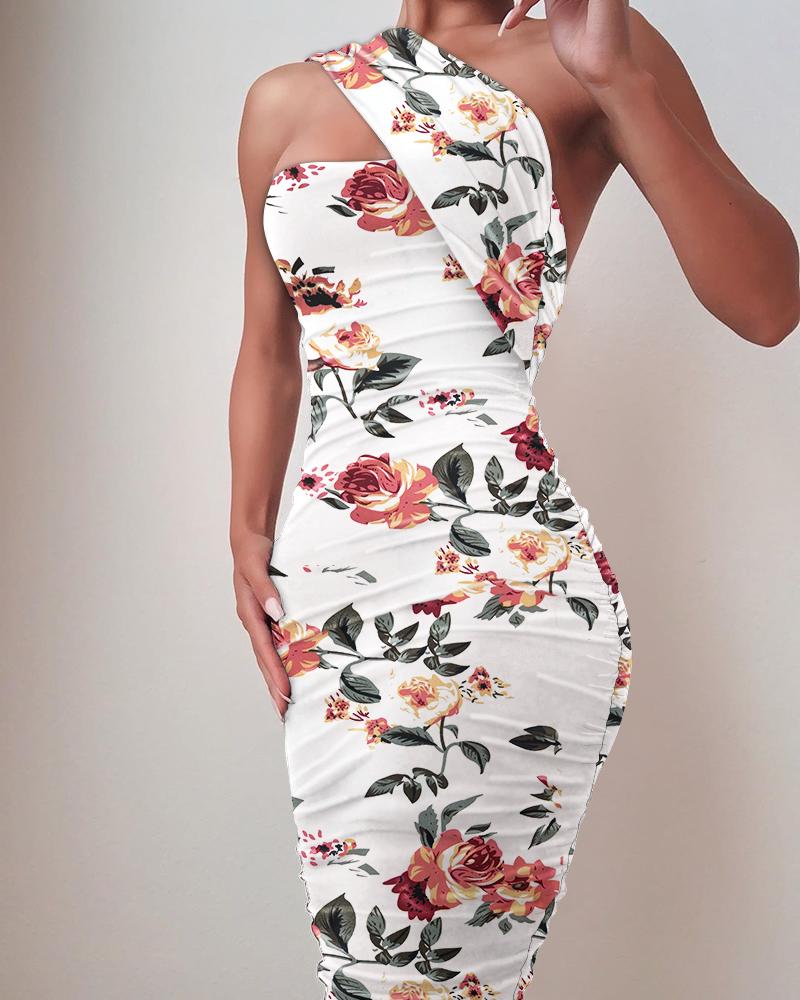 

One Shoulder Sleeveless Ruched Floral Print Bodycon Dress, White