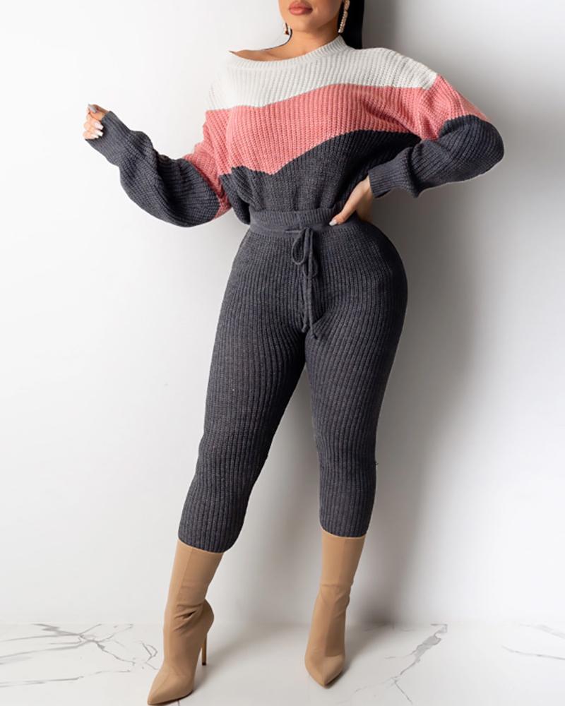 

Colorblock Long Sleeve Sweater & Tied Detail Pants Set, Pink