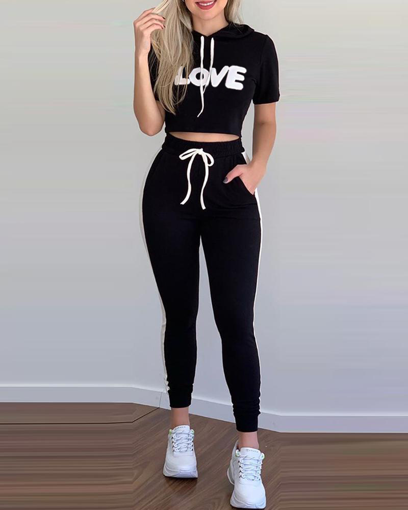 

Letter Print Hooded Top & Drawstring Pants Set, Black