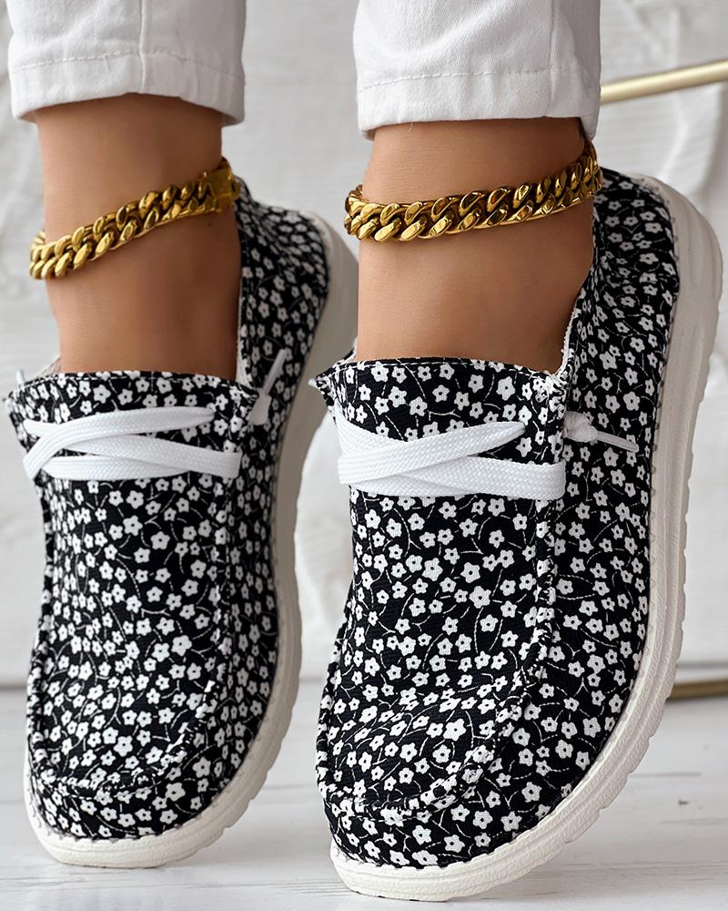 

Ditsy Floral Print Lace-up Casual Slip-On, Blackwhite