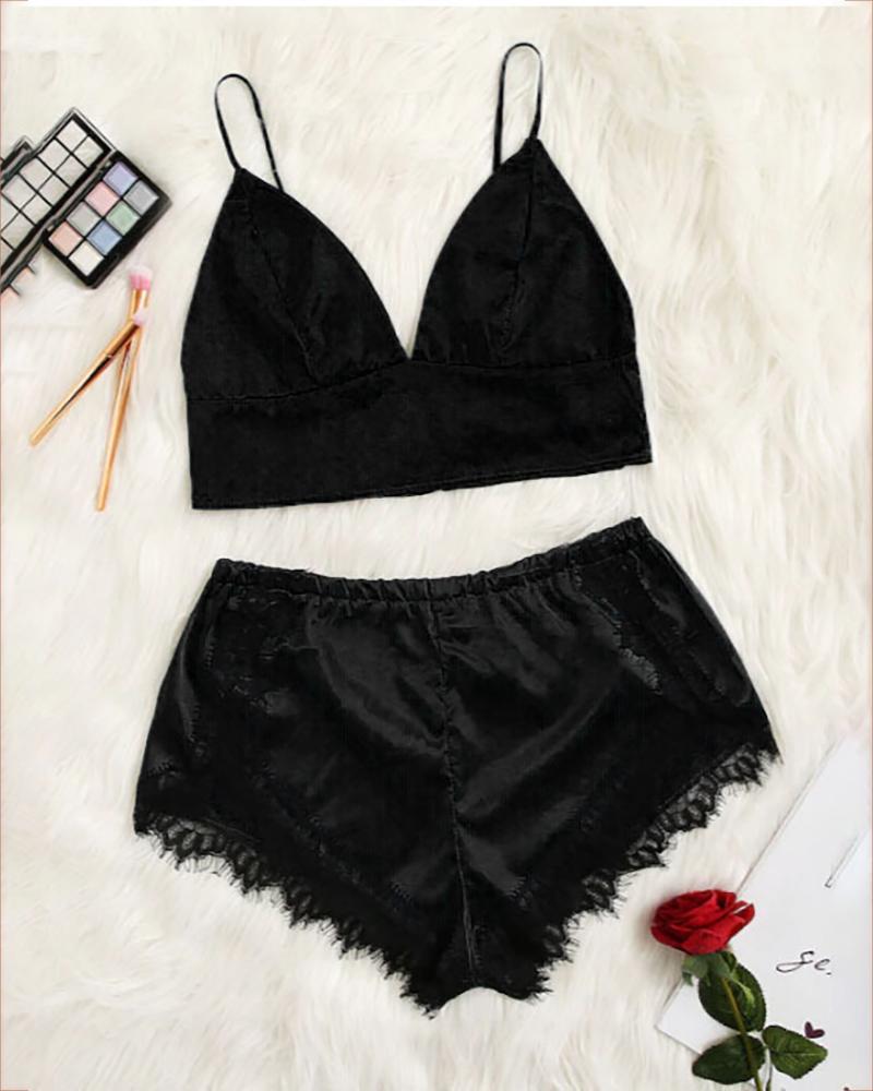 

Eyelash Lace V-neck Cami Set, Black