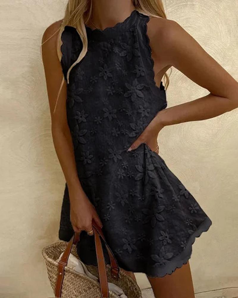 

Embroidery Floral Scallop Trim Sleeveless Casual Dress, Black