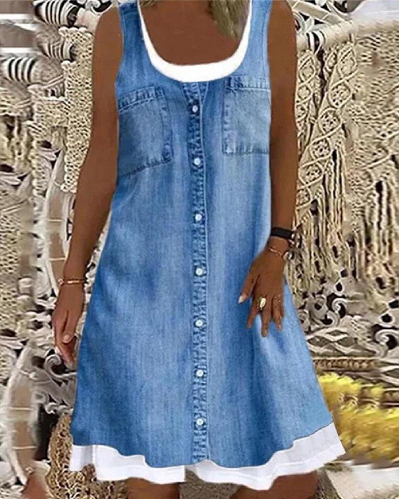 

Denim Look Print Buttoned Casual Dress, Blue