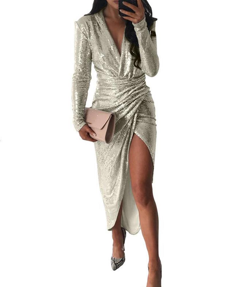 

Deep V Sequined Asymmetrical Dress, Gold