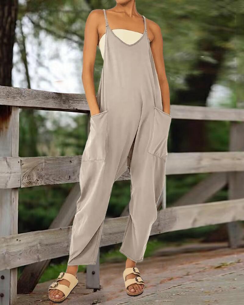

Pocket Design V-Neck Cami Jumpsuit, Apricot