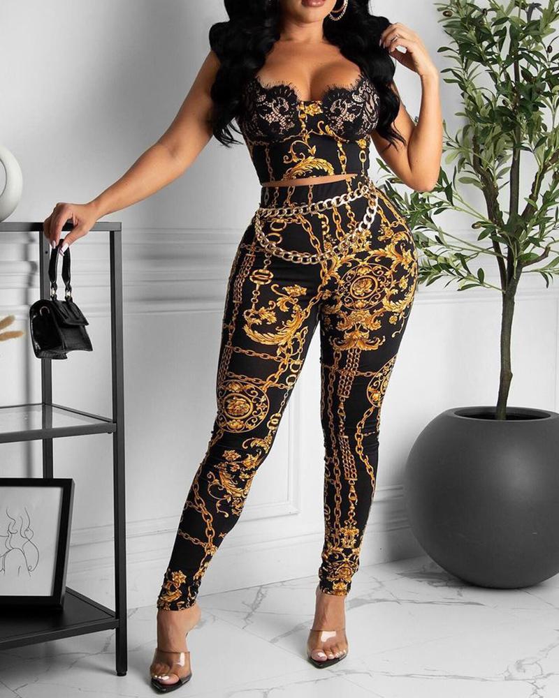 

Chain Scarf Print Contrast Lace Cami Top & Skinny Pants Set, Black