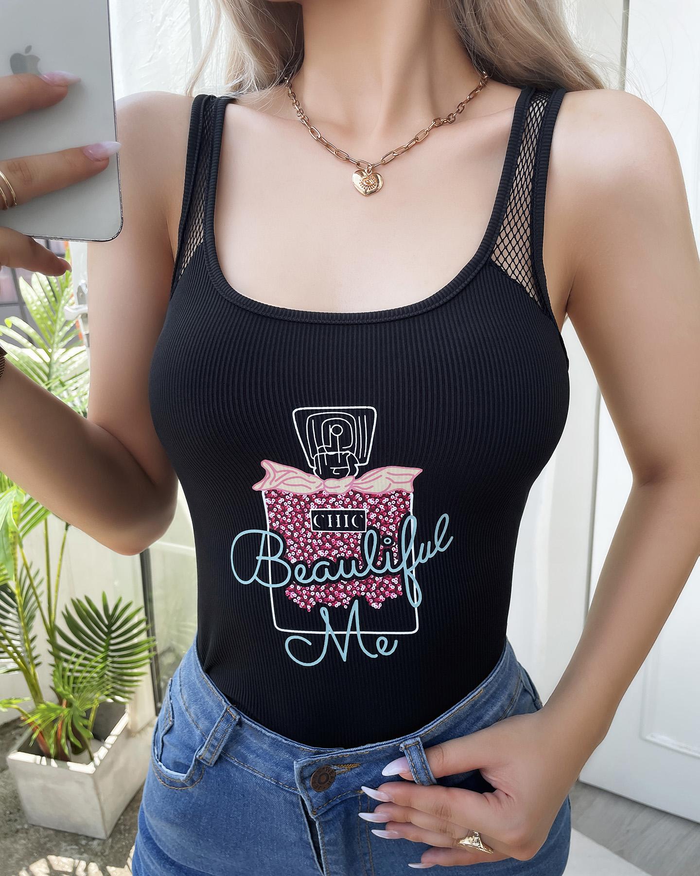 

Letter Graphic Sequins Pattern Print Fishnet Patch Top, Black