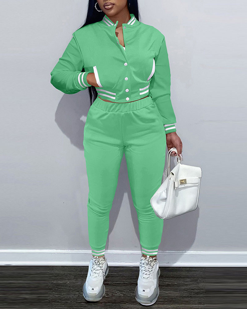 

Striped Trim Button Front Bomber Jacket & Pants Set, Green