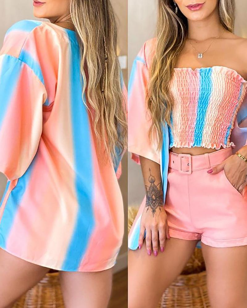 

Colorblock Shirred Bandeau Top & Cardigan Set, Multicolor
