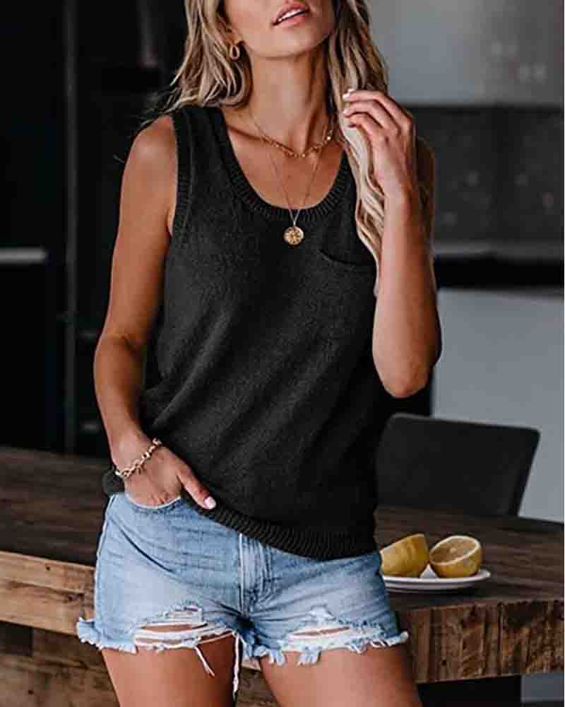 

Button Decor Back Sleeveless Knit Top, Black