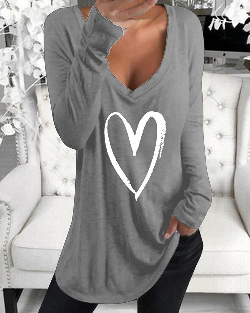 

Heart Print Long Sleeve Blouse, Gray