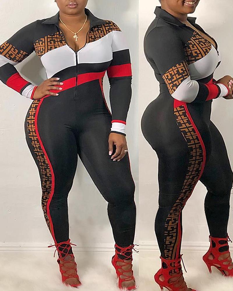 

Zipper Design Colorblock Long Sleeve Fitted Jumpsuit, Black