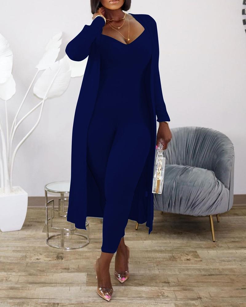 

Ribbed Plain Skinny Jumpsuit & Longline Coat Set, Dark blue