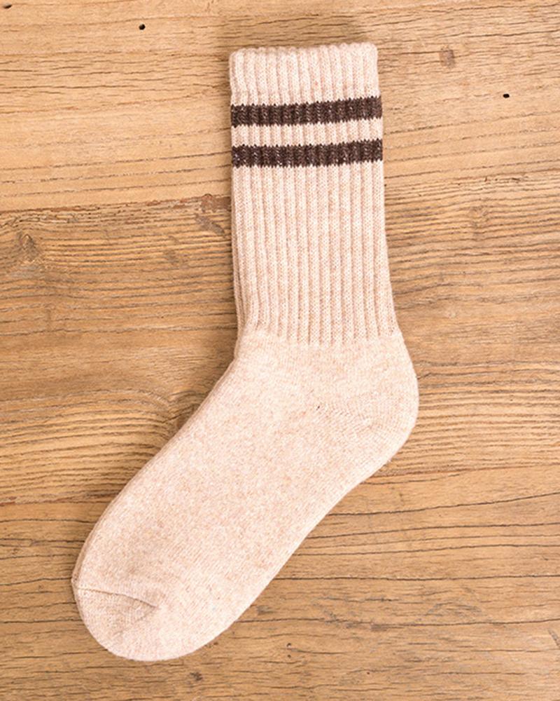 

1Pair Striped Lined Winter Thermal Crew Socks, Beige