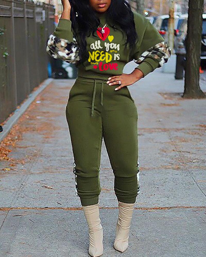 

Letter Embroidery Camouflage Top & Drawstring Pants Set, Army green