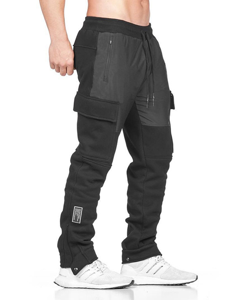 

Solid Color Splicing Logo Print Long Straight Cargo Pants, Black