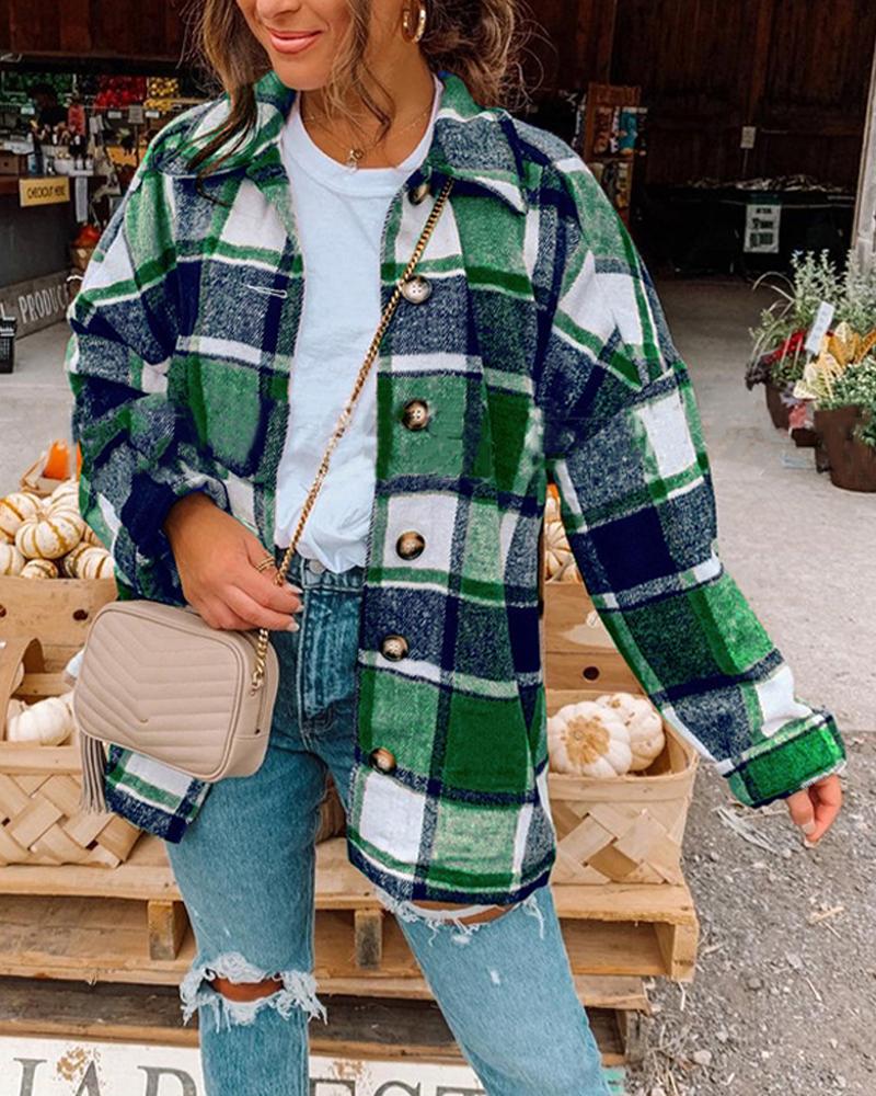 

Big Checked Long Sleeve Loose Blouse Coats, Green