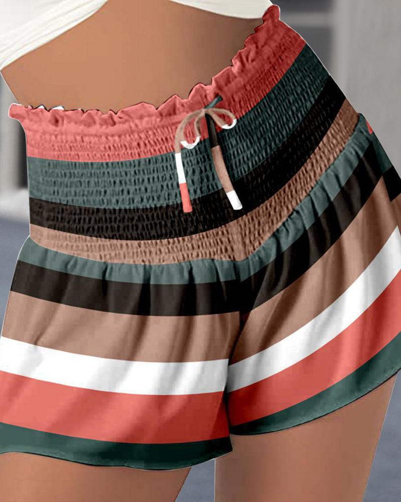 

Striped Colorblock Shirred Drawstring Shorts, Hot pink