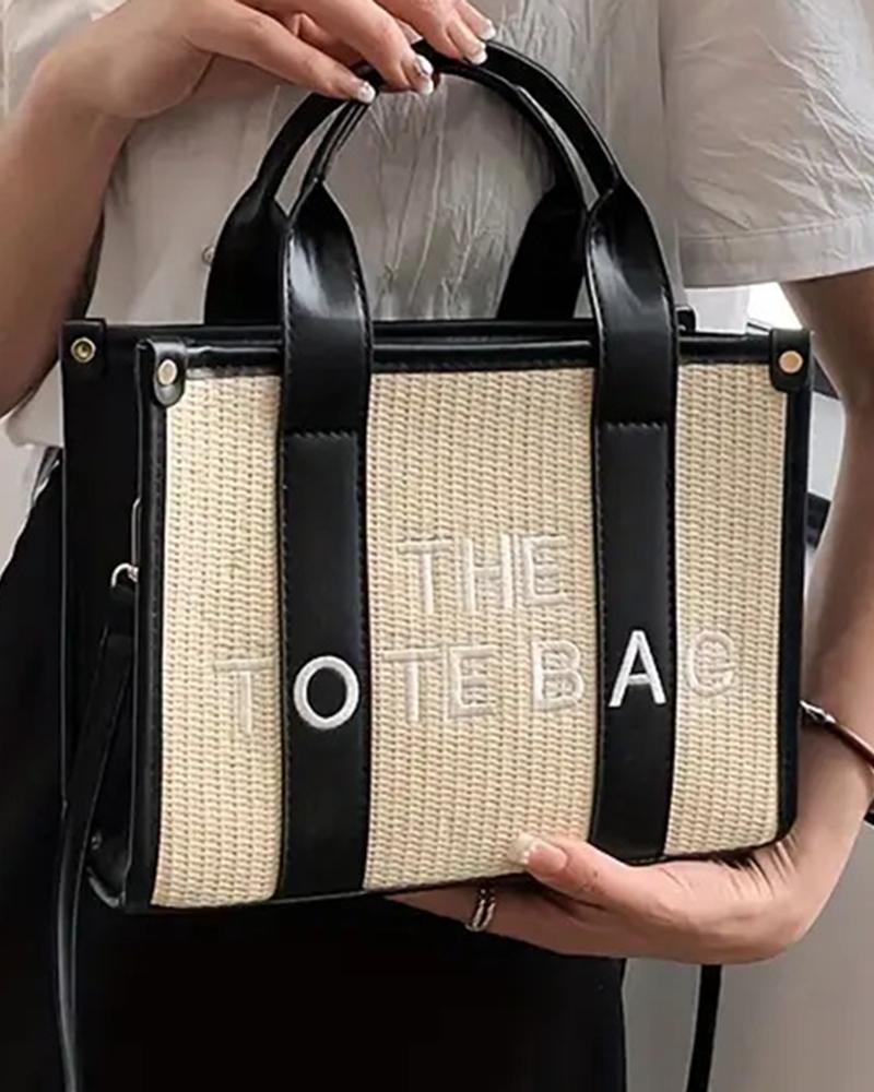 

Letter Embroidery Versatile All-Match Straw Tote Bag, Black