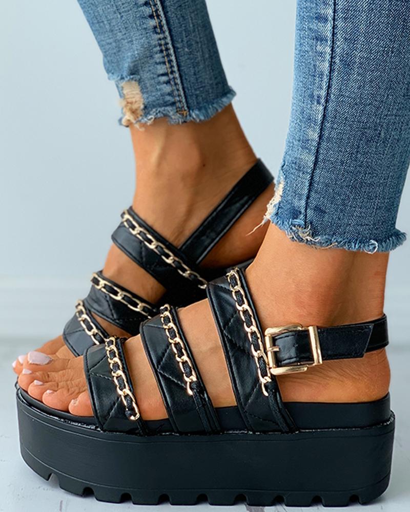 

Chain Strap Buckled Slingback Platform Flat Sandals, Black