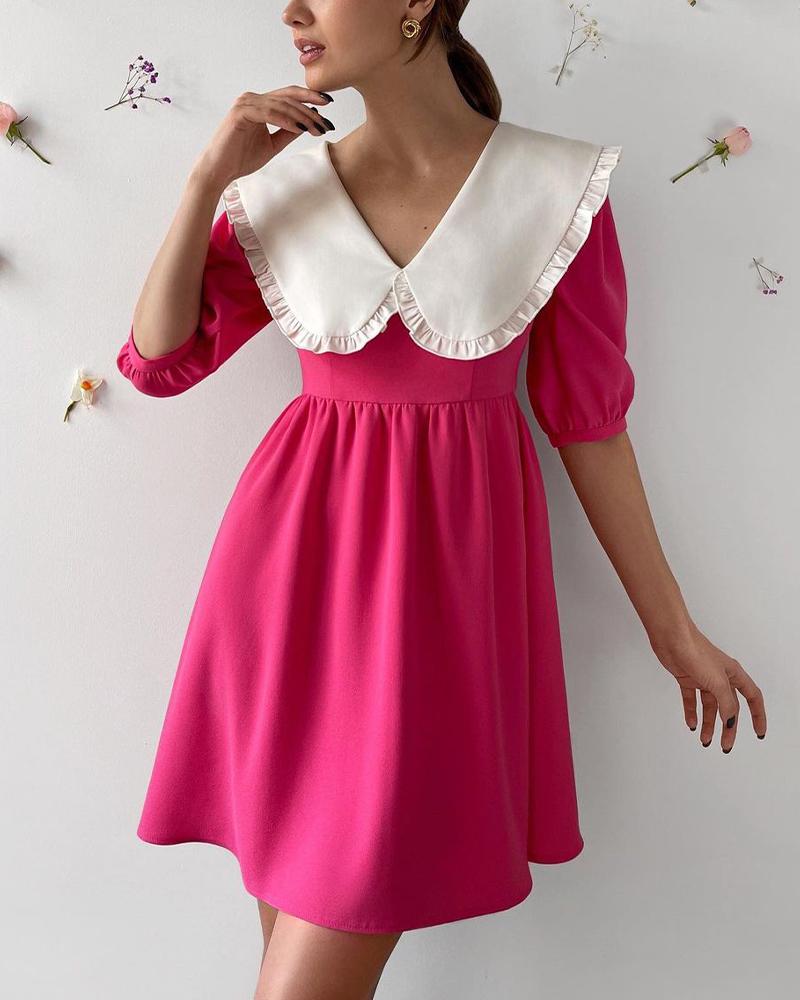 

Colorblock Ruffle Hem Doll Collor Half Sleeve Mini Dress, Hot pink