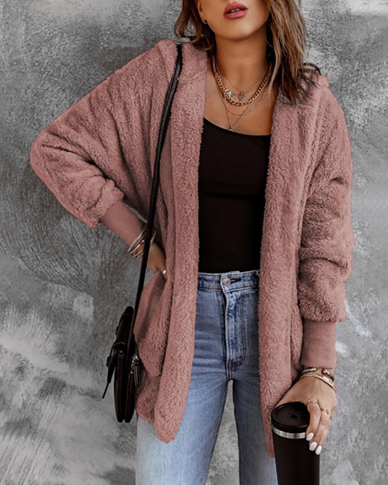 

Fluffy Lantern Sleeve Zip Front Teddy Coat, Pink
