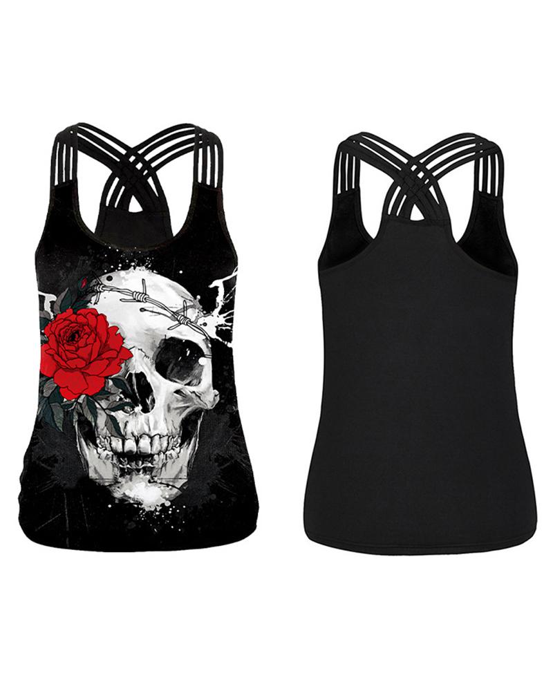 

Halloween Rose Skull Print Tank Top, Black