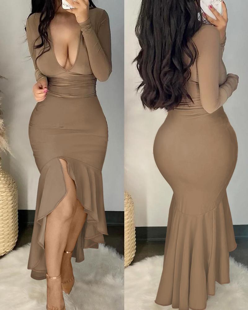 

Long Sleeve Deep V-Neck Mermaid Dress, Khaki