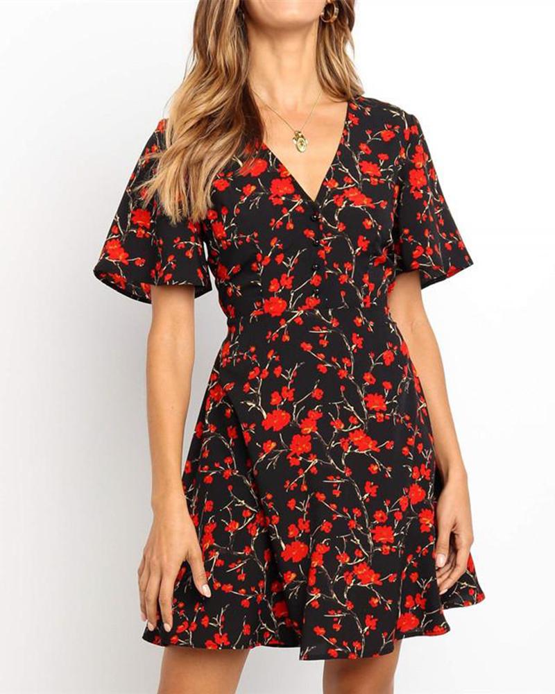 

Floral Print Chiffon Mini Dress, Black