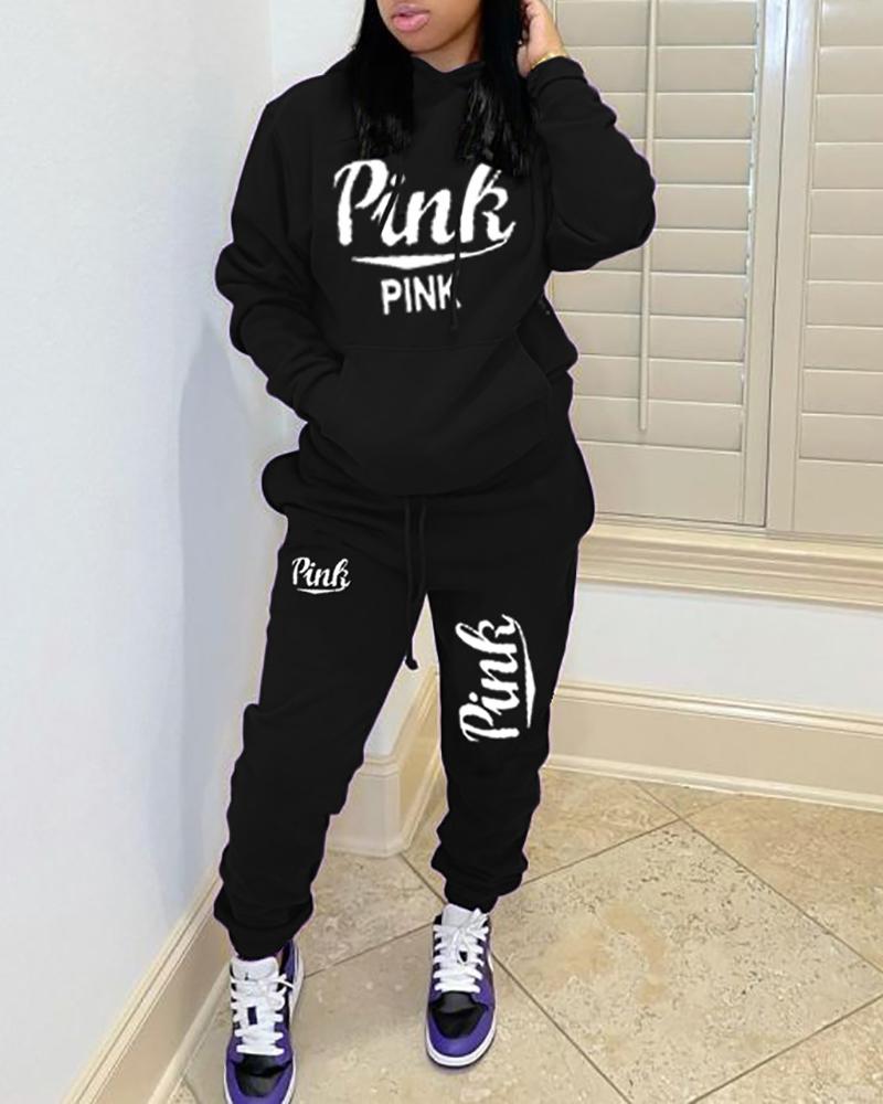 

Letter Print Pocket Design Hooded Top & Pants Set, Black