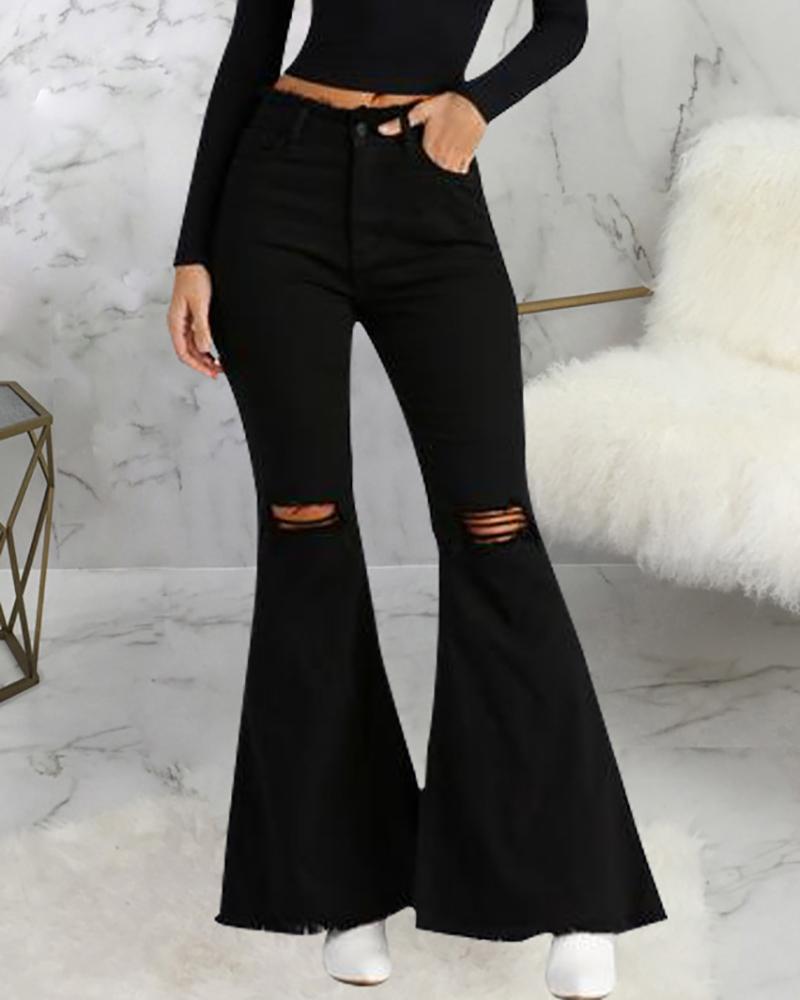

Pocket Design Ripped High Waist Bootcut Jeans, Black