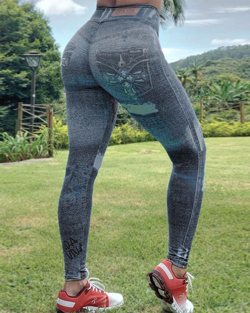 

Denim Look Print High Waist Butt Lift Leggings, Dark blue
