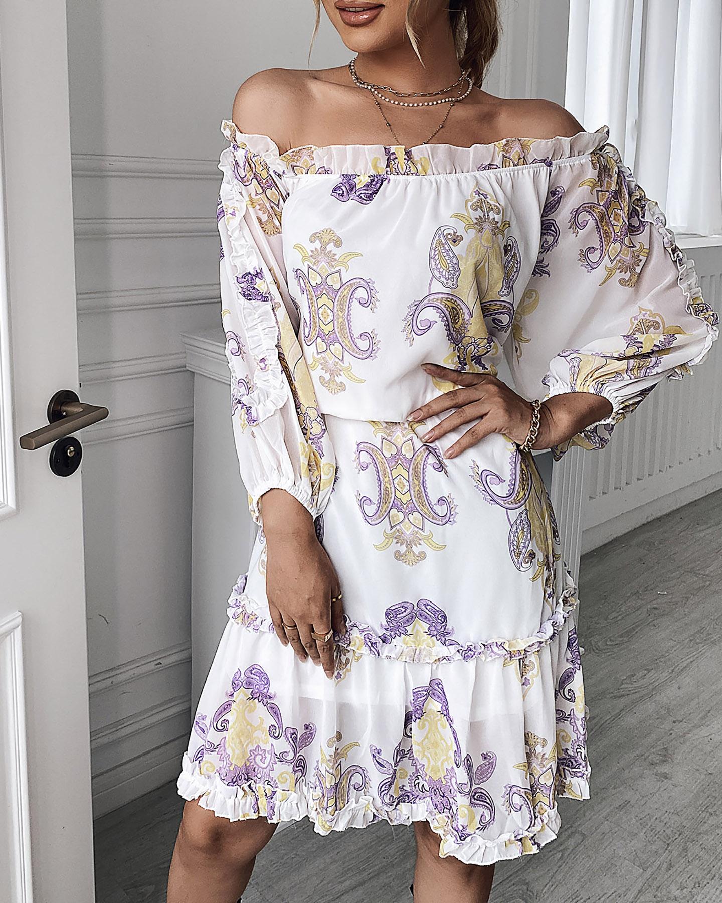 

Baroque Print Off Shoulder Ruffles Dress, Multicolor