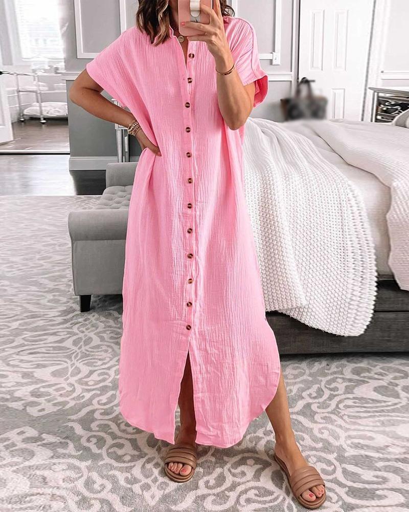

Short Sleeve Buttoned Slit Casual Dress, Pink