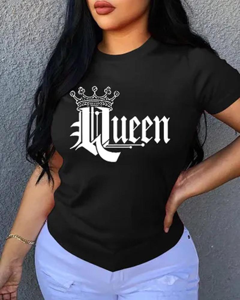 

Letter Crown Print Short Sleeve Casual T-shirt, Black