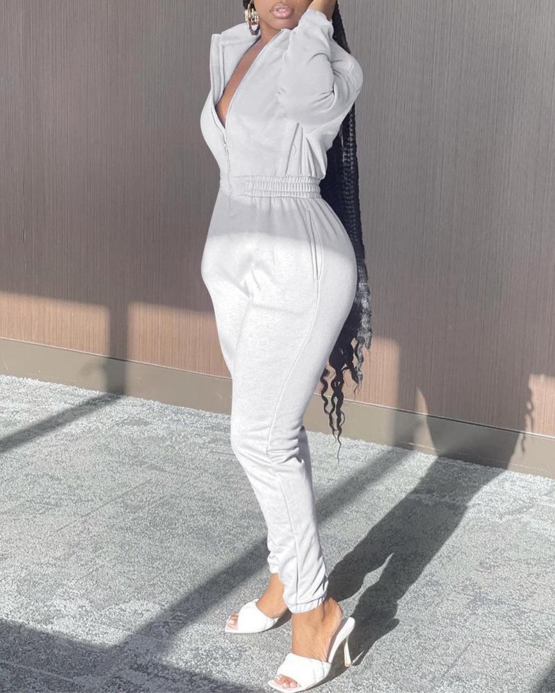 

Zipper Pocket Design Long Sleeve Jumpsuit, White