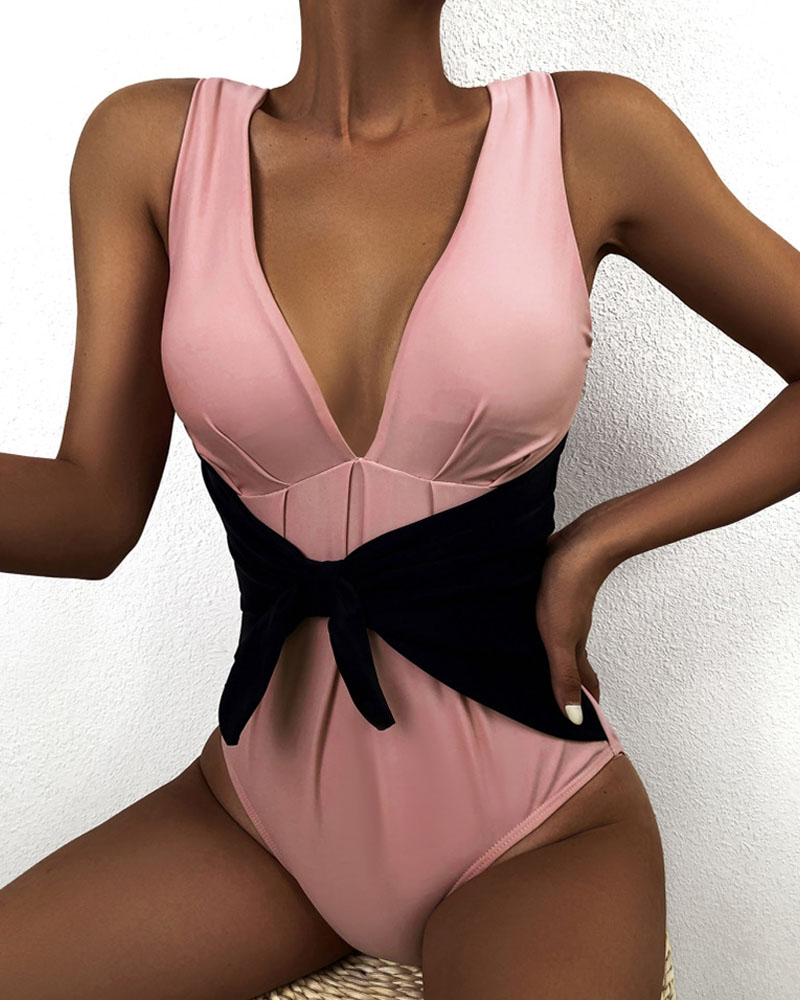 

Colorblock Tie Front Plunge One-Piece Swimsuit, Pink