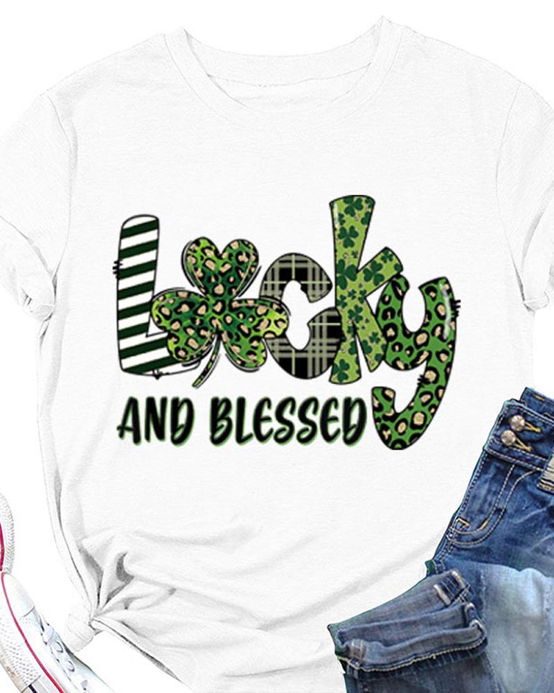 

St. Patrick's Day Letter Clover Print Casual T-shirt, White