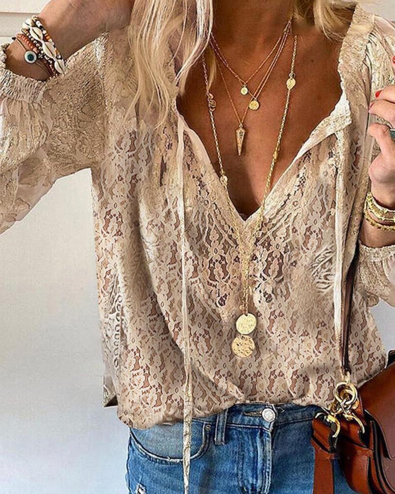 

Florla Lace Long Sleeve V-Neck Top, Apricot