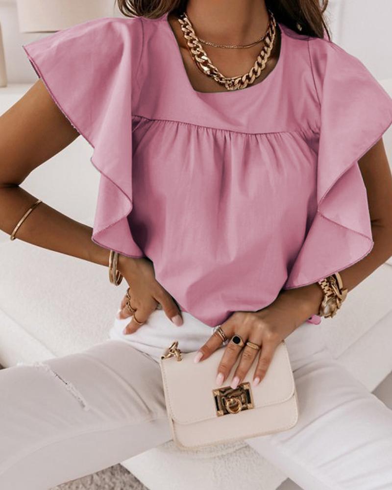 

Ruffle Sleeve Round Neck Top, Pink