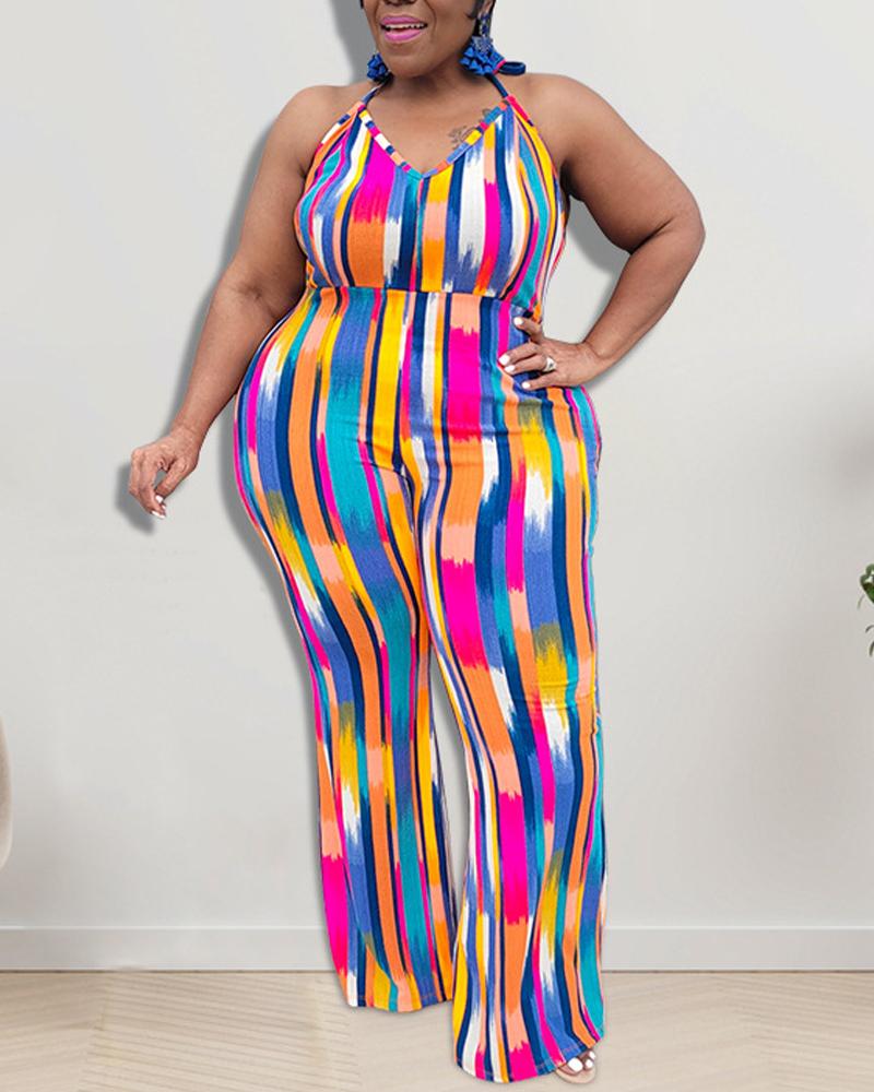 

Plus Size Allover Print Halter Backless Jumpsuit, Multicolor