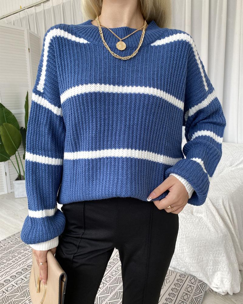 

Striped Bishop Sleeve Chunky Knit Sweater, Blue