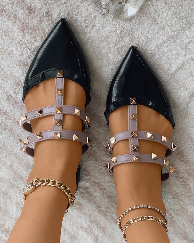 

Pointed Toe Studded Slip On Mules, Black